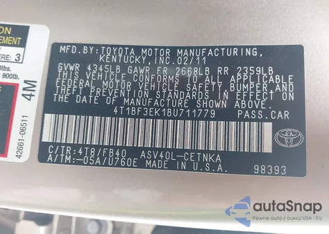 2011 Toyota Camry from USA, damaged, VIN 4T1BF3EK1BU711779